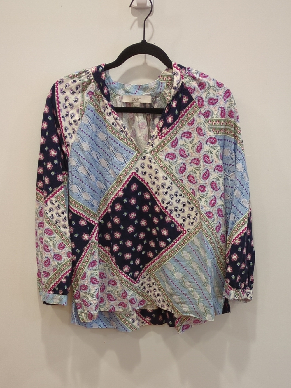 Cottage Boho Patchwork Paisley Floral Linen Blouse Navy Blue Pink LOFT Large
